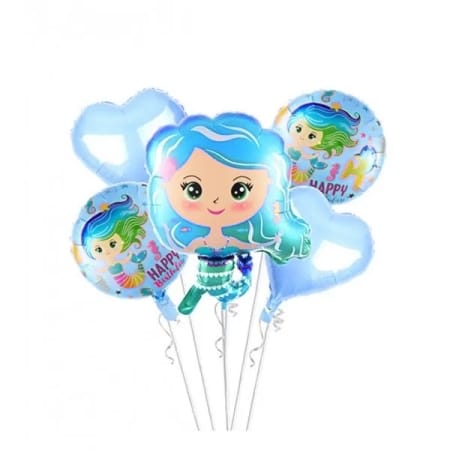 Bouquet de Globos Sirena Agua Marina Happy Birthday X 5 Piezas