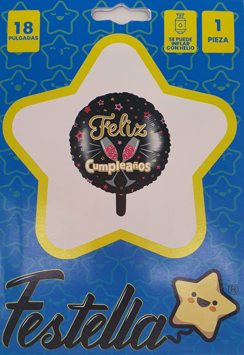 Globo Metalizado Redondo Feliz Cumpleaños Copas de Champaña 18" Festella