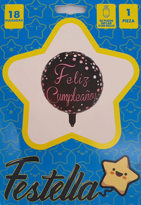 Globo Metalizado Feliz Cumpleaños Confetti Rosado Fondo Negro 18" Festella
