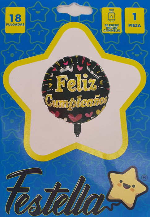 Globo Metalizado Feliz Cumpleaños Corazones Fucsia Dorado Negro 18" Festella
