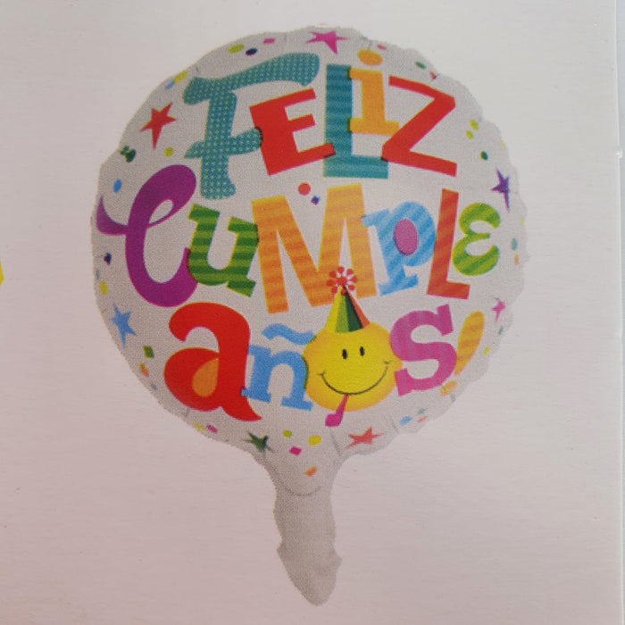 Globo Metalizado Redondo Feliz Cumpleaños Carita Feliz Blanco 6" Festella