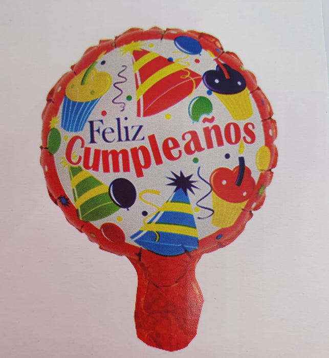 Globo Metalizado Redondo Feliz Cumpleaños Gorritos y Cupcakes Rojo 6" Festella