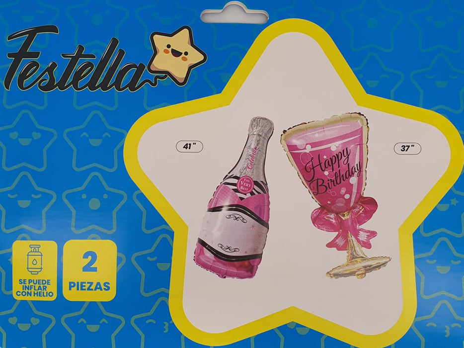 Globos Metalizados Copa y Botella de Champaña X 2 Piezas Festella