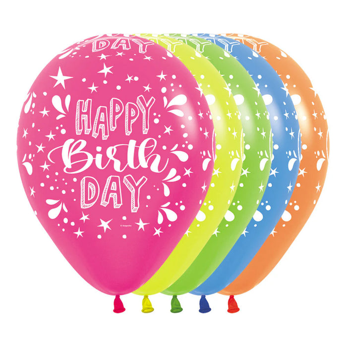 Globo Infinity Happy Birthday Splash Neon Surtido R12 X 12 Globos Sempertex
