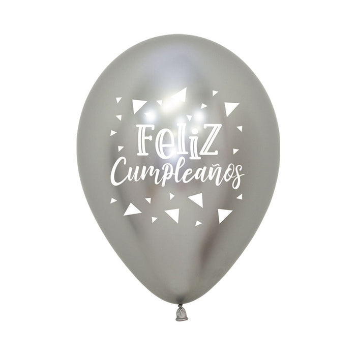 Globo Reflex Feliz Cumpleaños Triangulos R12 Plateado x 12 Unidades Sempertex