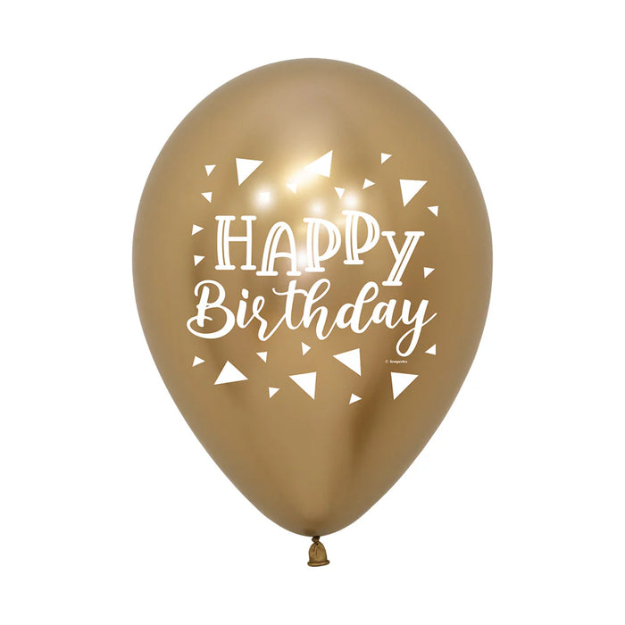 Globo Reflex Happy Birthday Triangulos R12 Dorado x 50 Unidades