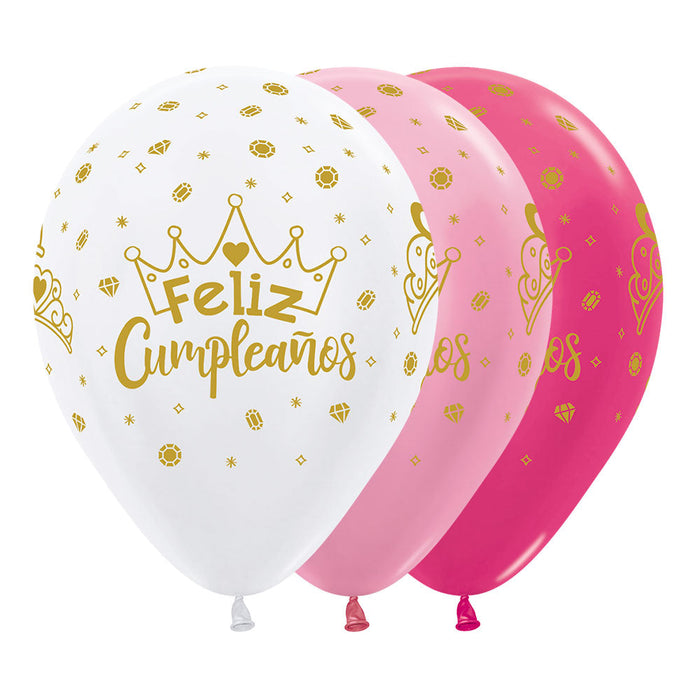 Globo Satin y Metal surtido Feliz Cumpleaños Coronas R12 x 12 Unidades Sempertex