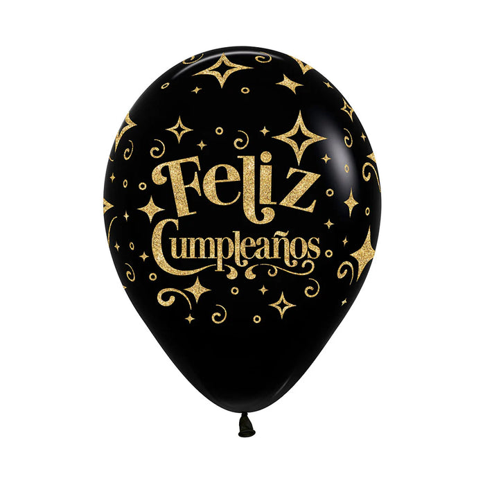 Globo Infinity Escarchado Feliz Cumpleaños Diamante Dorado Fashion Negro R12 x 12 Unidades Sempertex