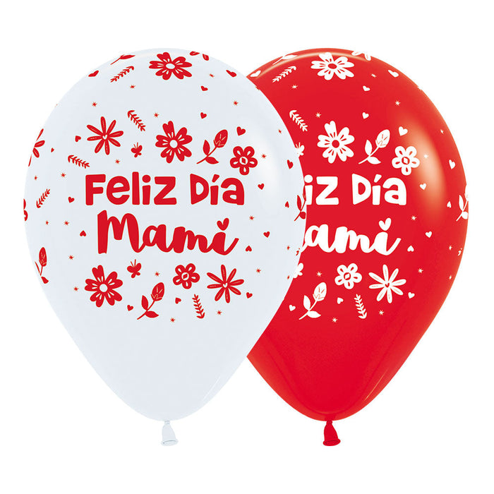 Globo Feliz Dia Mami Flores Surtido Blanco Rojo R12 X 12 Unidades Sempertex