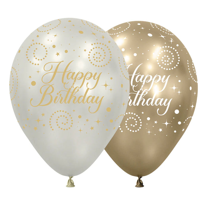 Globo Infinity Happy Birthday Fiesta Dorada Silk Surtido R12 x 50 Unidades Sempertex