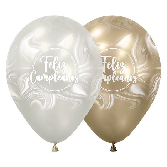Globo Infinity Feliz Cumpleaños Marmoleado Blanco - Dorado Silk Surtido R12 x 12 Unidades Sempertex