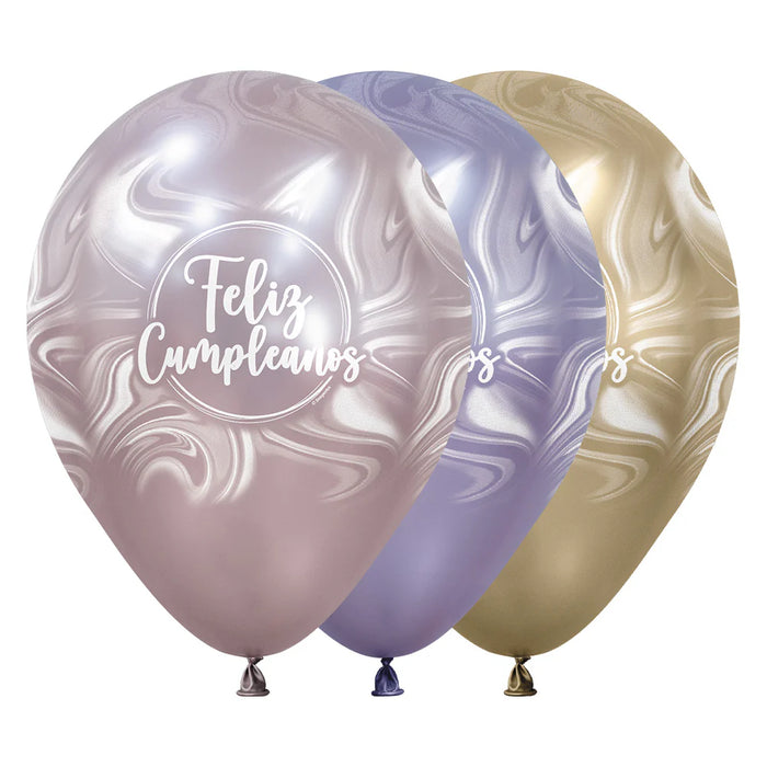 Globo Infinity Feliz Cumpleaños Marmoleado Rosa Silk Surtido R12 x 12 Unidades Sempertex