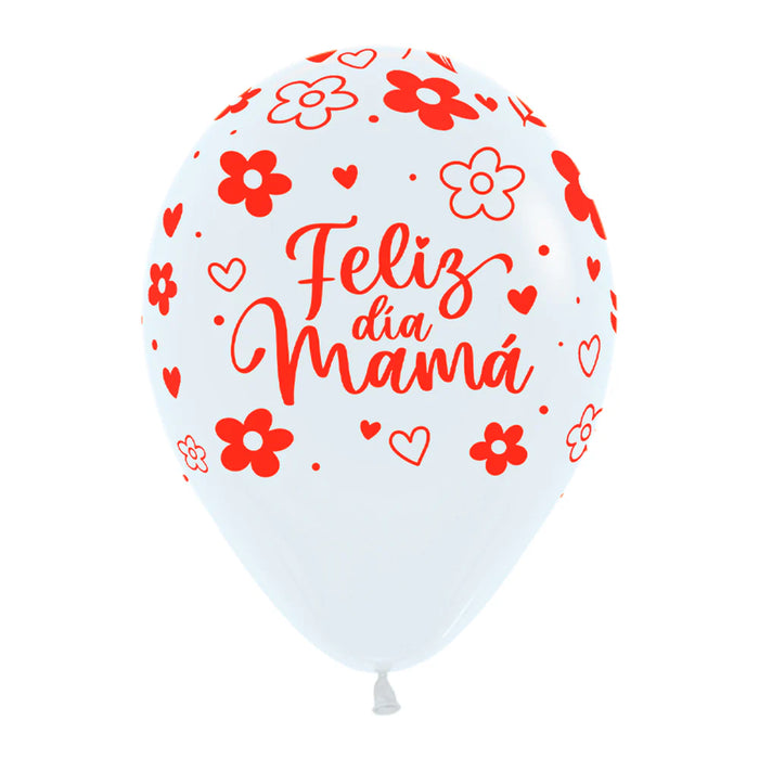 Globo Feliz Dia Mamá Floral Fashion Surtido Blanco Rojo R12 X 50 Globos Sempertex