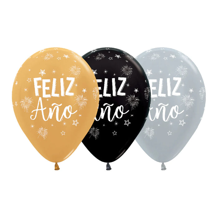 Globo Infinity Feliz Año Estrellas Satin Y Metal Surtido R12 X 12 Unidades Sempertex