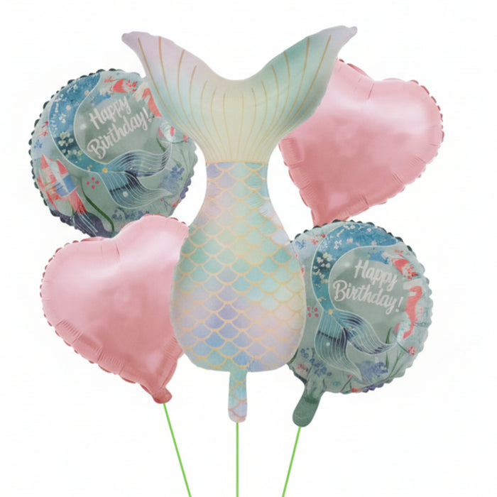 Bouquet de Globos Cola de Sirena Corazones Rosados X 5 Piezas Festella