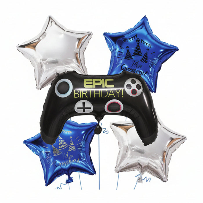 Bouquet de Globos Control Estrellas Plata y Azul Epic Birthday X 5 Piezas Festella