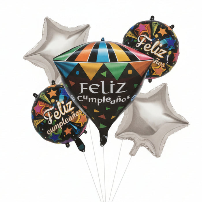 Bouquet de Globos Feliz Cumpleaños Diamante Negro X 5 Piezas Festella