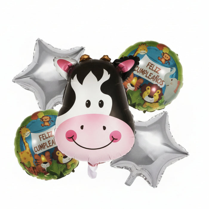 Bouquet de Globos Vaca Estrellas Plata Feliz Cumpleaños X 5 Piezas Festella