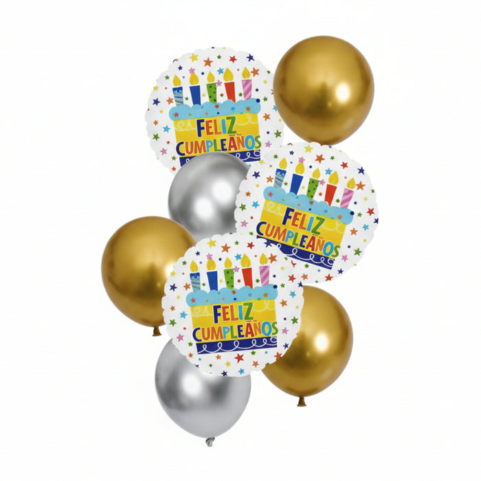 Bouquet de Globos Feliz Cumpleaños Dorado Y Plata x 8 Piezas Festella