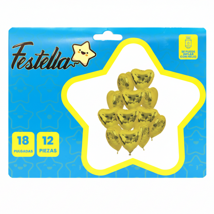 Kit Globos Corazones Festella 18" x 12 und Dorado