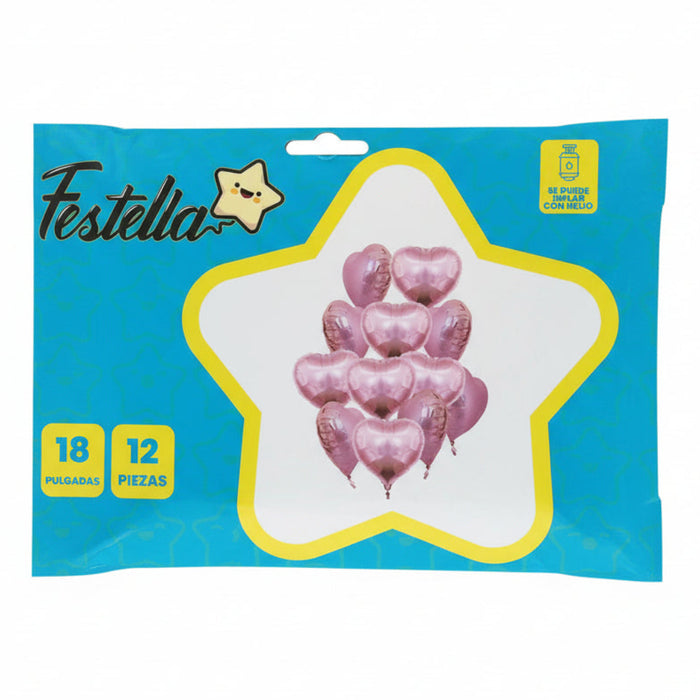 Kit Globos Corazones Festella 18" x 12 und Rosado