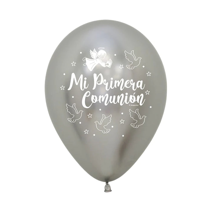 Globo Mi primera Comunión Palomas Reflex Plateado R12 X 12 Unidades Sempertex