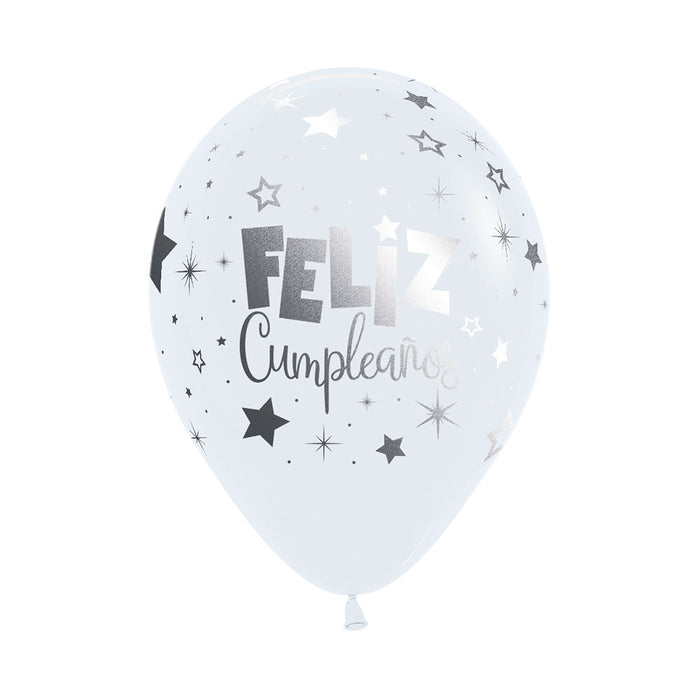 Globo Fashion Blanco Feliz Cumpleaños Fantasía Metalink R12 x 50 Unidades Sempertex