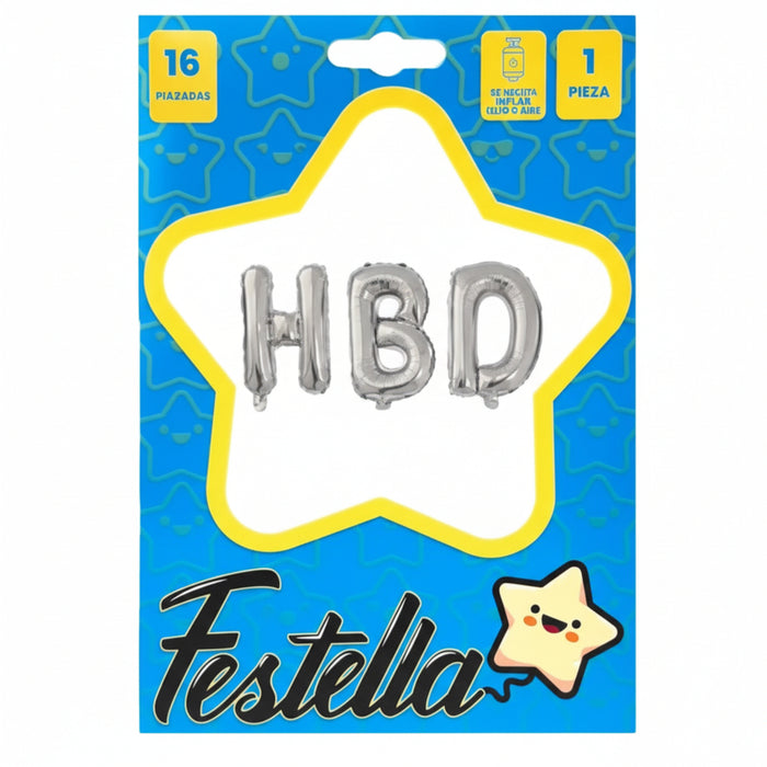 Globo Metalizado HBD 16" Festella Plateado 16" X 1 Unidad Festella